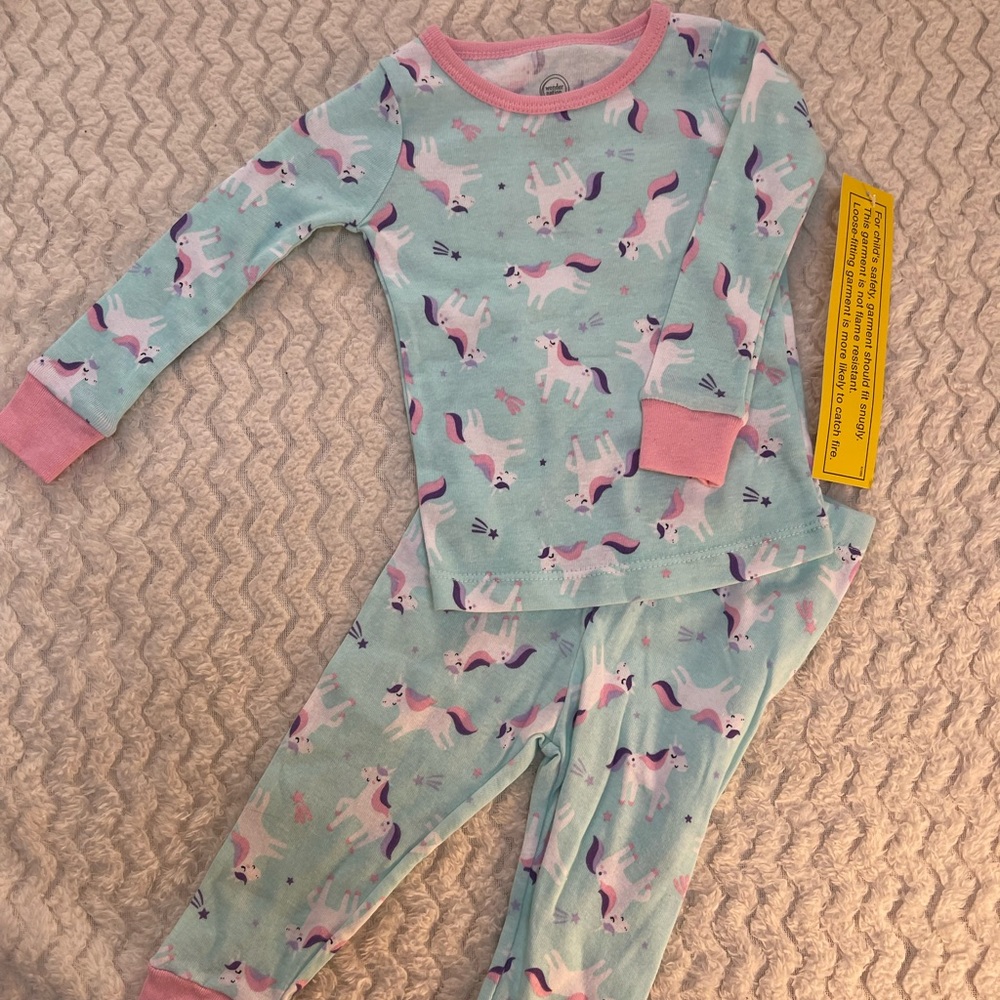 Children’s PJs Size 12 Months Long Sleeve Aqua With Unicorns & Pink Trim